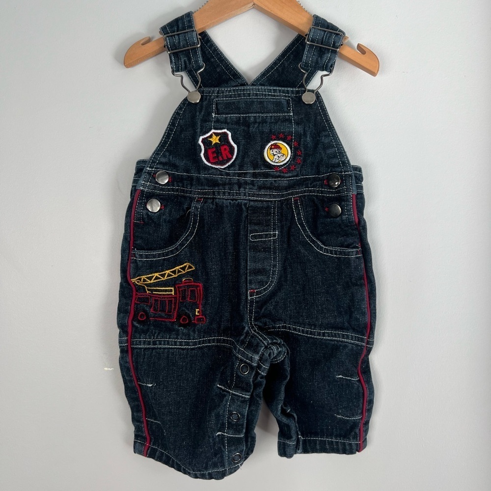 Vintage Denim Overalls Dark Wash Embroidered Fire Truck Theme 3M Baby Boy